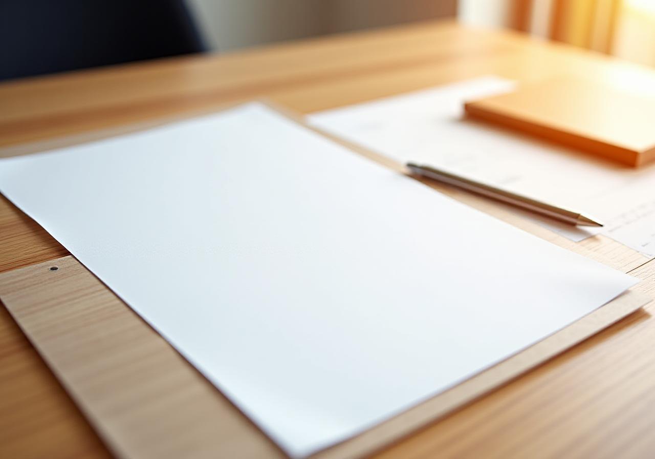 Close up of a professional contract on an oak table next to a drafting pencil