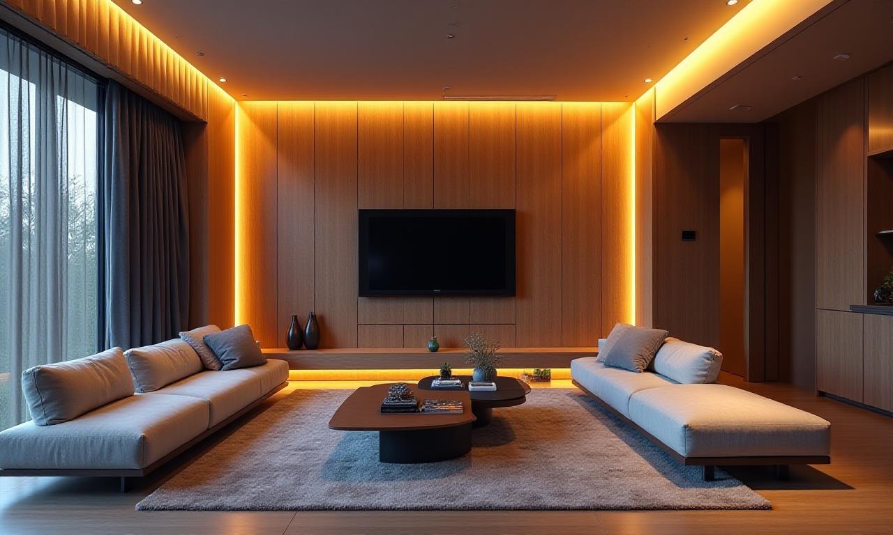 Modern minimal living room with smart energy efficient recessed lighting